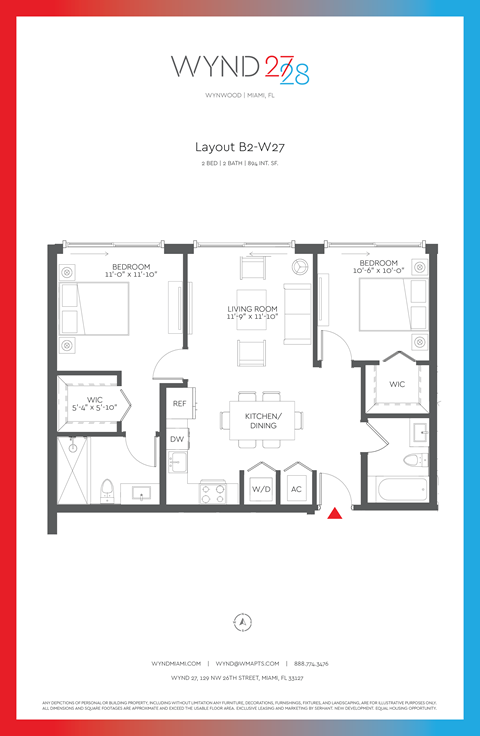 Floor plan for 2 beds, 2 baths, 894 sqft